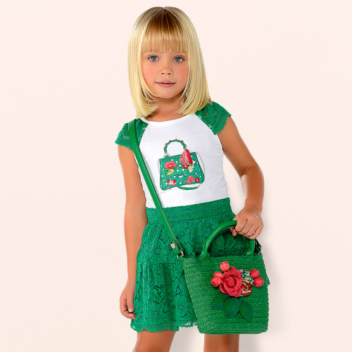 Комплект кружевной блузка и юбка Mayoral 3958/70 для девочек, цвет зеленый